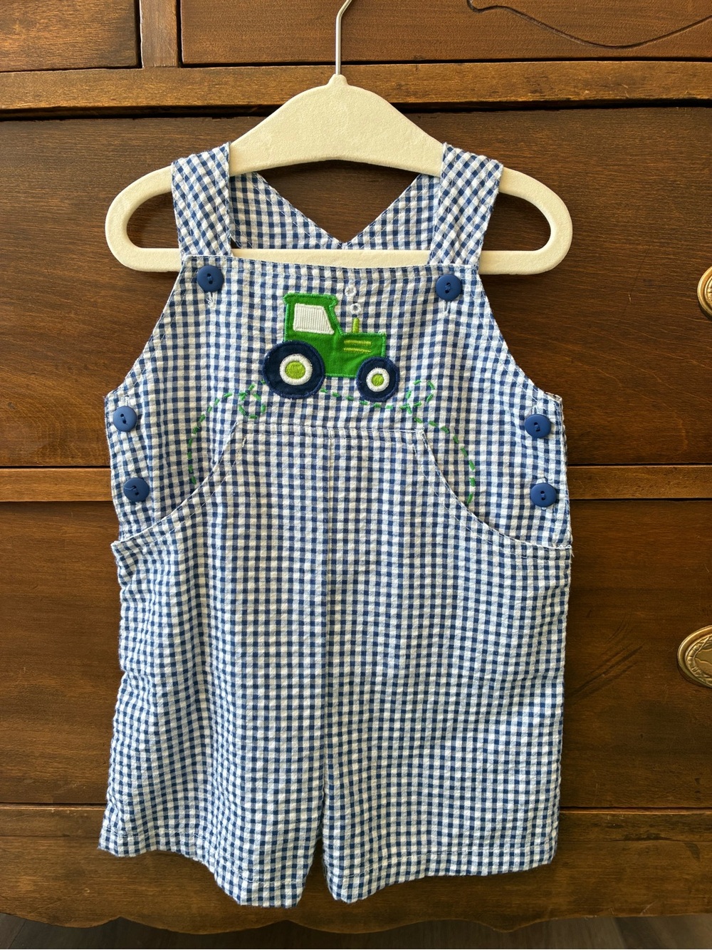Blue Gingham Tractor Embroidered Kids Overalls